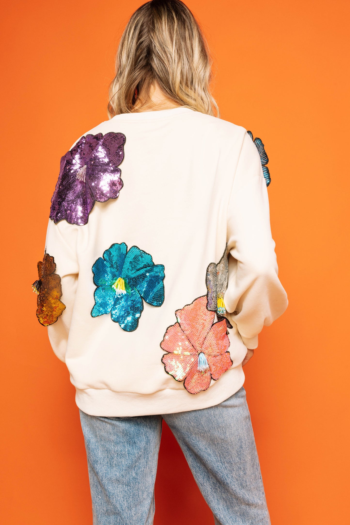 QOS Beige Oversized Colorful Sequin Flower Sweatshirt