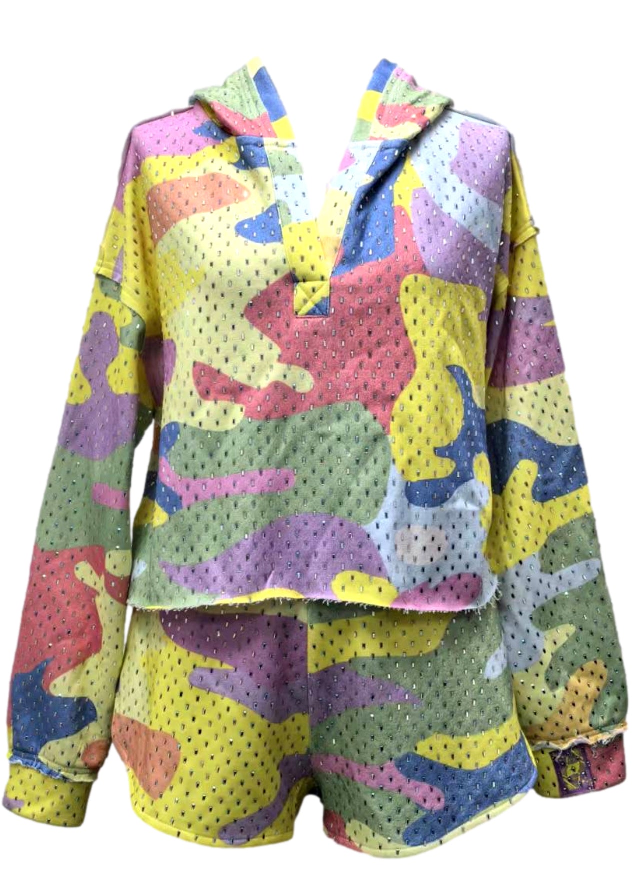 QOS Multi Camo Rhinestone Hoody Sweatshirt
