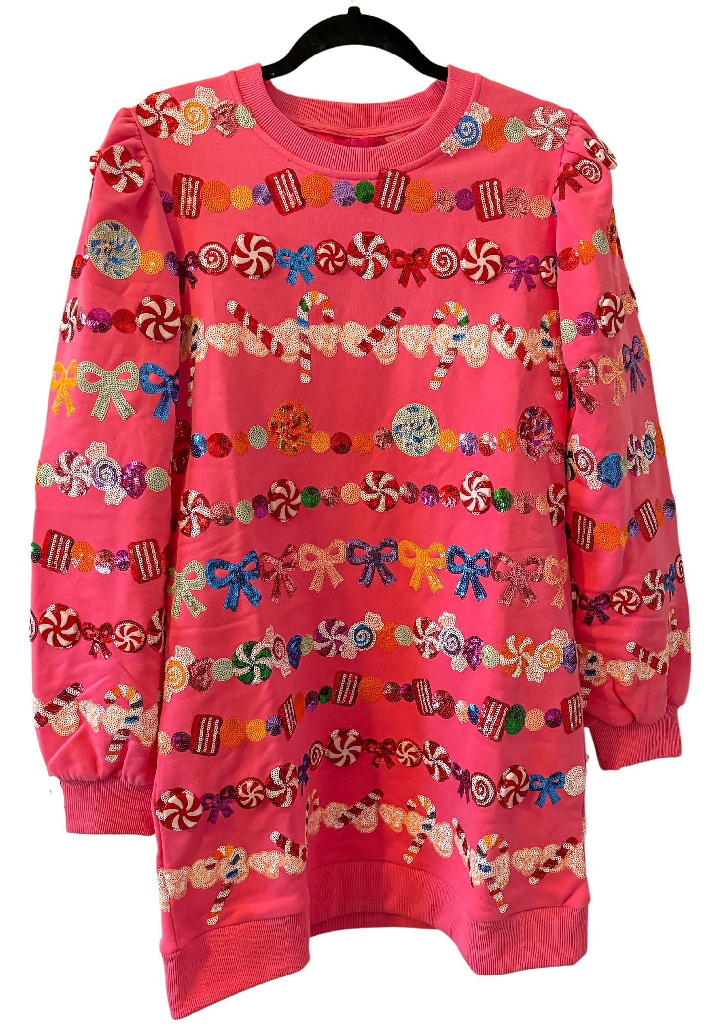 QOS Hot Pink Candy Garland Poof Sleeve Sweatshirt Dress