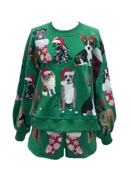 QOS Green Christmas Puppies Sweatshirt