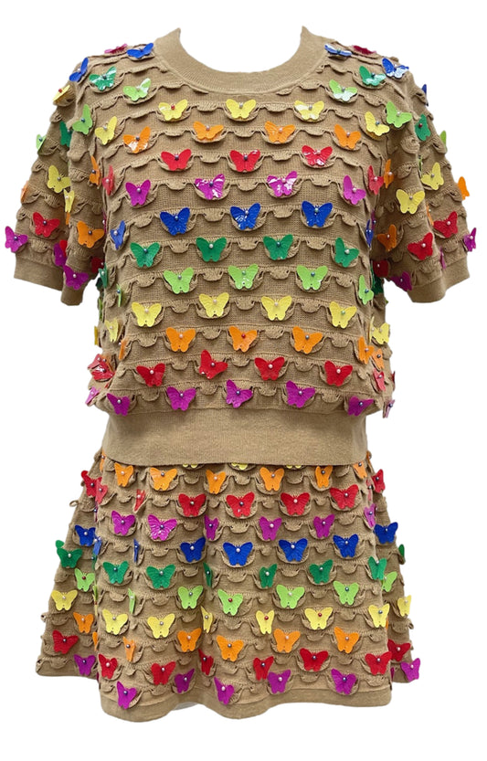 QOS Tan and Rainbow Butterfly Top