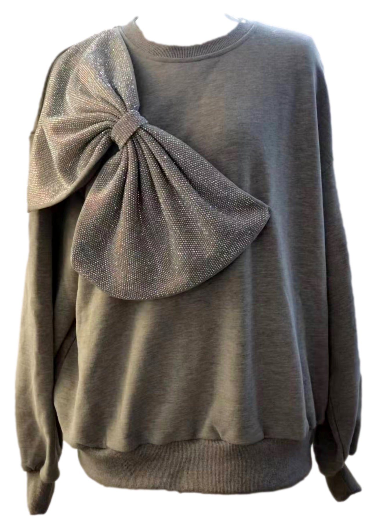 QOS Grey Rhinestone Bow Sweatshirt