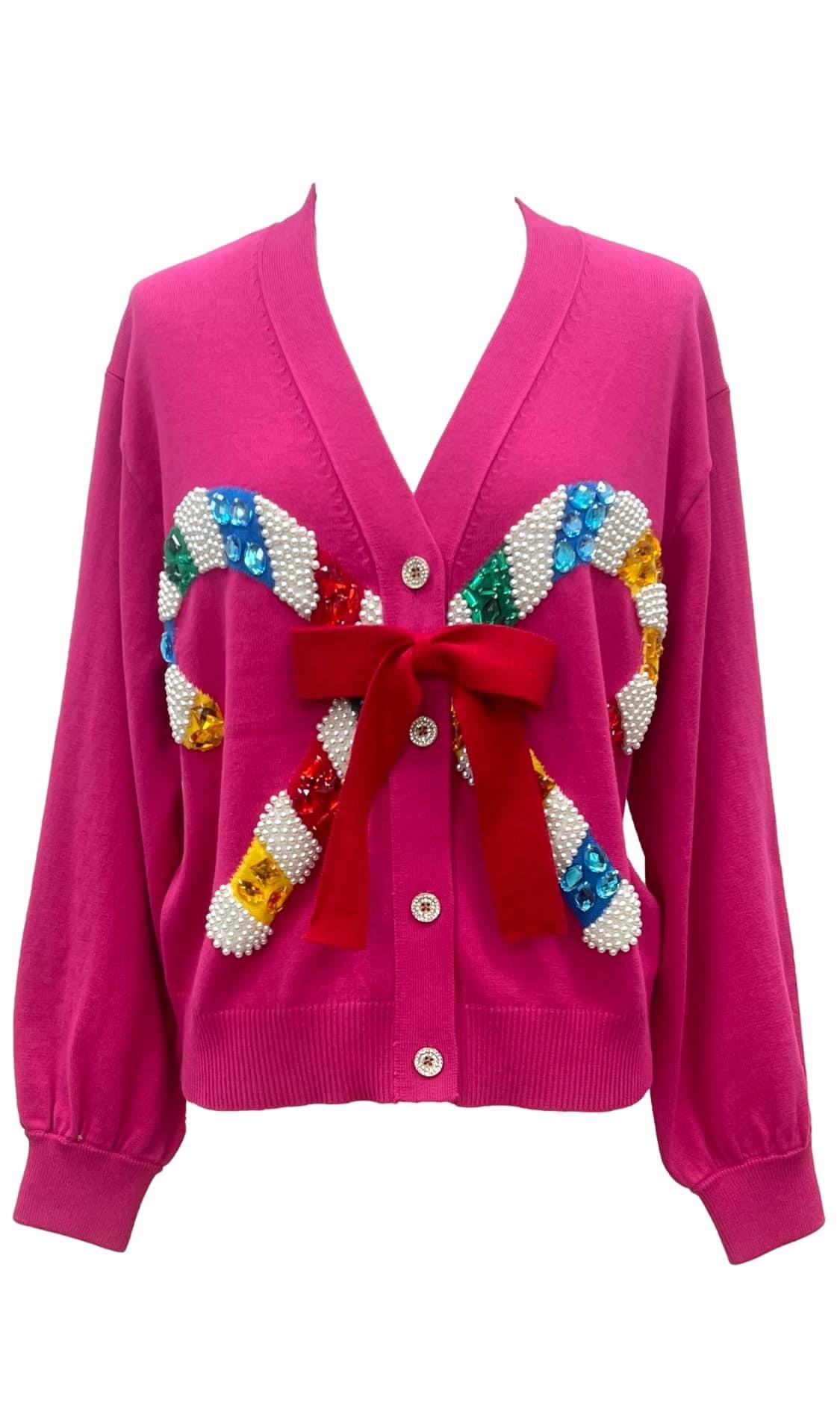 QOS Pink Cardigan With Candy Cane and Bow