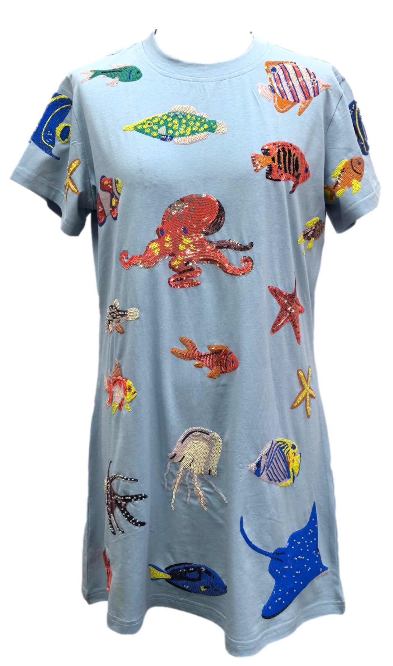 QOS  Light Blue Under the Sea Creature Icon Tee Dress