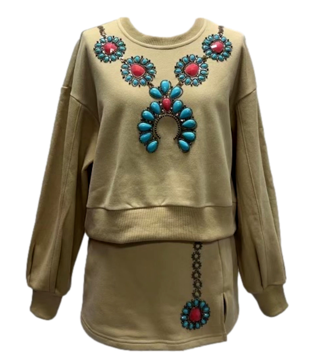 QOS Tan Turquoise Necklace Sweatshirt