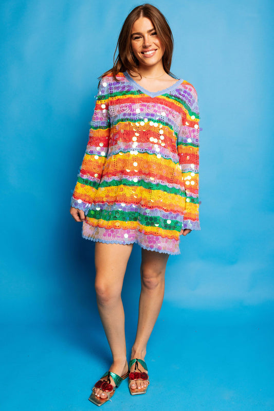 QOS Rainbow Stripe Paillette Long Sleeve Knit Dress